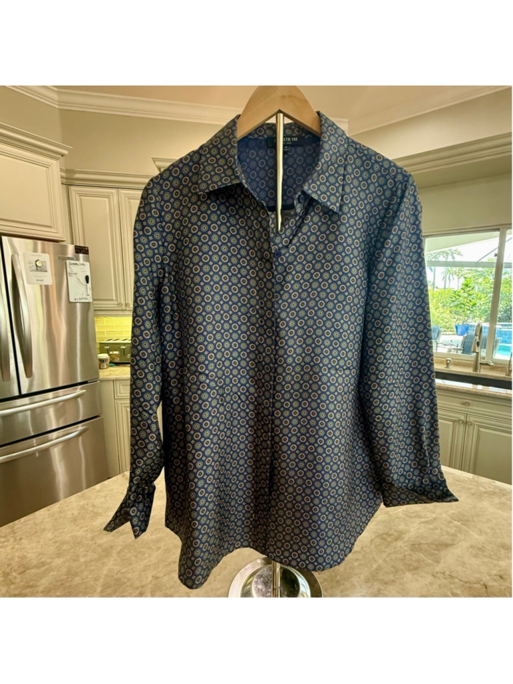 Lafayette 148 silk Button Down Shirt M Blue Brown Dot Print, oversized cuffed
